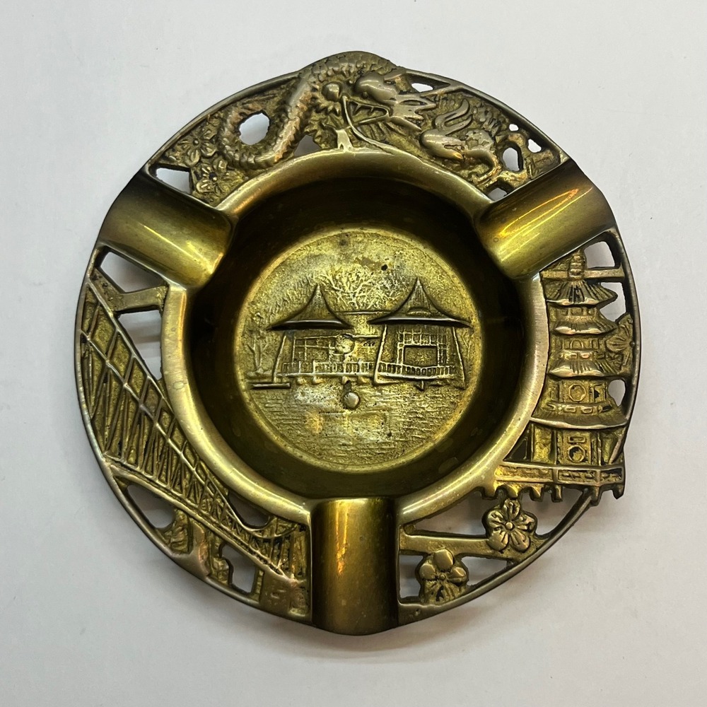 Vtg Brass Ashtray Dragon Pagoda Bridge Design Made in Taiwan‎ Chinoiserie 4.75"
